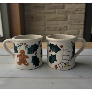 Vintage Hartstone Pottery Christmas Mugs Gingerbread Man Mistletoe Set of 2 1982